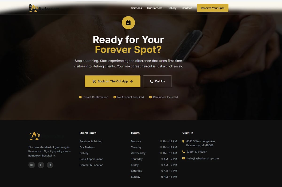Website header with golden lock icon asking Ready for Your Forever Spot? featuring call-to-action buttons for app download and contact options