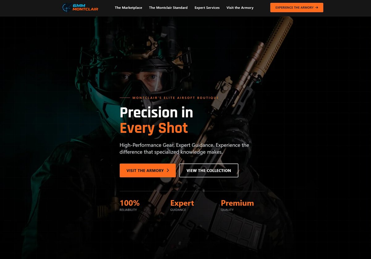 Armed tactical operator with rifle and precision scope equipment displayed against dark background with website tagline Precision in Every Shot