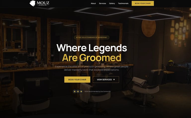 Premium barbershop website homepage with Where Legends Are Groomed tagline and upscale salon interior