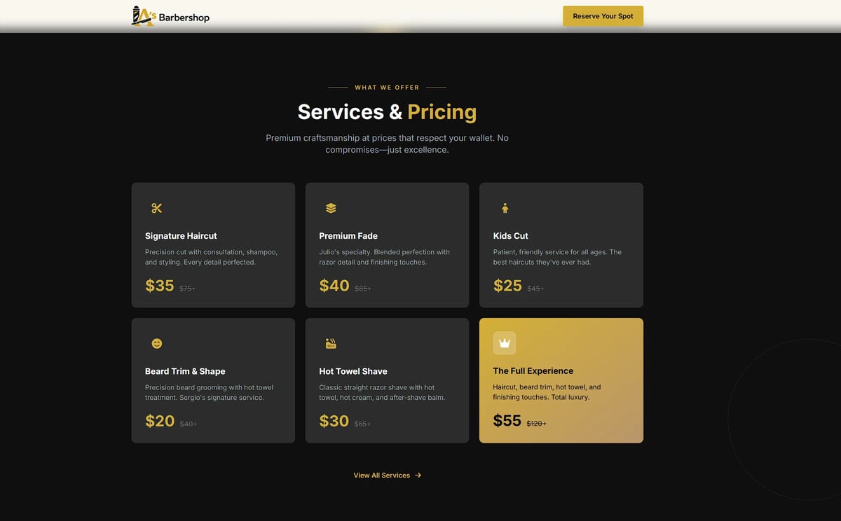 Barbershop services and pricing page displaying six service options with costs ranging from $20 to $55, including haircuts, fades, and premium packages