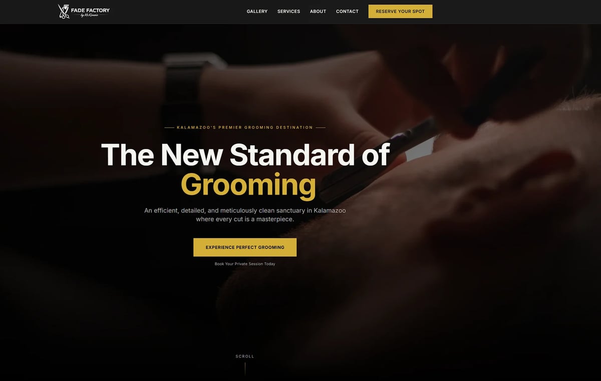Website hero section featuring The New Standard of Grooming with hands grooming and yellow call-to-action button on dark background