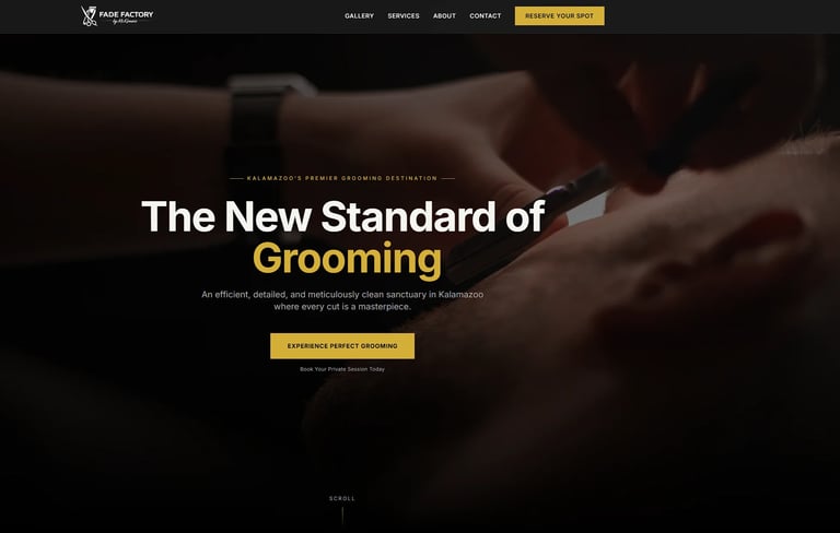 Website hero section featuring The New Standard of Grooming with hands grooming and yellow call-to-action button on dark background